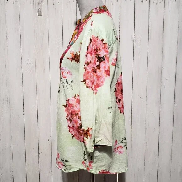 Antica Sartoria XXL 3 Top Tunic Green Pink Floral Boho Resort Beach Cottage - Picture 3 of 7
